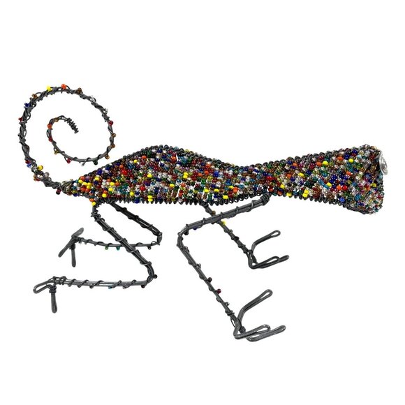 Handmade Other - South Africa Handmade Glass Bead Wire Chameleon Lizard Card Pen Holder Vintage